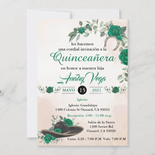 Invitación Quinceañera Charra Emerald green Kaart (Voorkant)