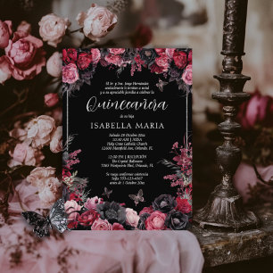 Invitación Quinceañera floral gótica rosada, roja Kaart