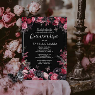 Invitación Quinceañera floral gótica rosada, roja Kaart