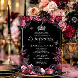 Invitación Quinceañera floral gótica rosada, roja Kaart