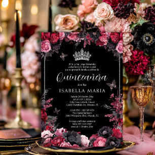 Invitación Quinceañera floral gótica rosada, roja Kaart