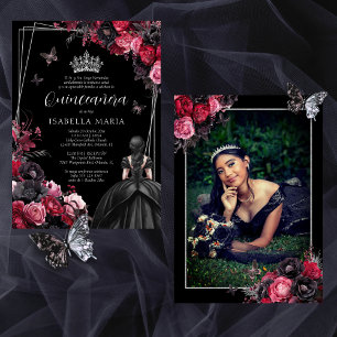 Invitación Quinceañera floral gótica rosada, roja Kaart