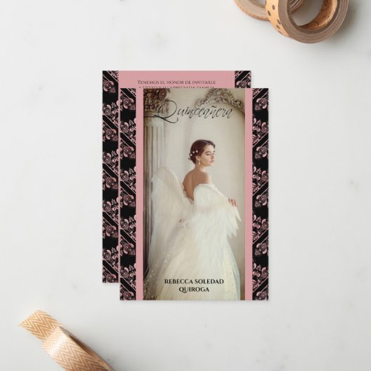 Invitación Quinceañera Foto Damasco Rosa Español Notitiekaartje (Voorkant / Achterkant in situ)
