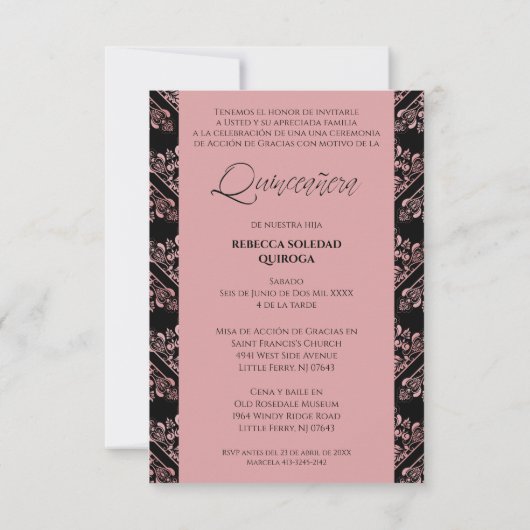 Invitación Quinceañera Foto Damasco Rosa Español Notitiekaartje (Achterkant)