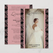 Invitación Quinceañera Foto Damasco Rosa Español Notitiekaartje (Voorkant / Achterkant)