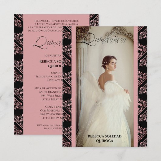 Invitación Quinceañera Foto Damasco Rosa Español Notitiekaartje (Voorkant / Achterkant)