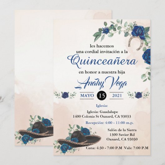 Invitación QUINCEANERA Mariachi Charra Rustic Blue Kaart (Voorkant / Achterkant)