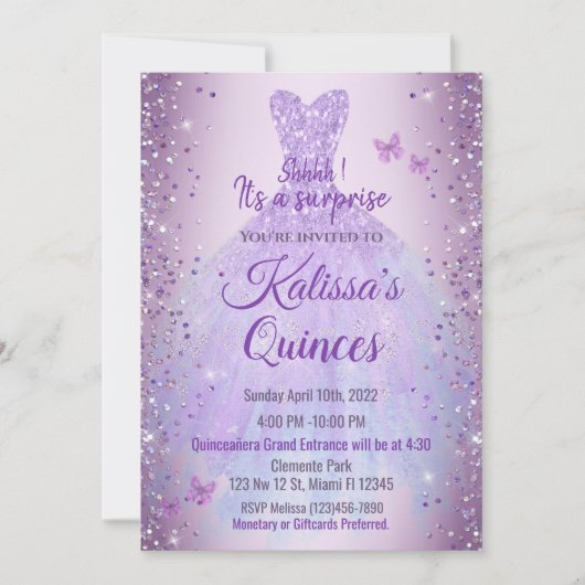 Invitación Quinceañera Purple Lilac Butterflies Kaart (Voorkant)