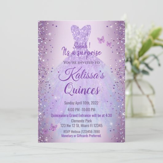 Invitación Quinceañera Purple Lilac Butterflies Kaart (Staand voorkant)