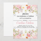 Invitación roze bloemen, meisje niña. kaart (Voorkant / Achterkant)