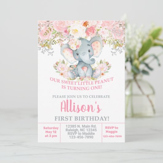 Invitación Roze olifant en bloemen meisje Kaart (Staand voorkant)