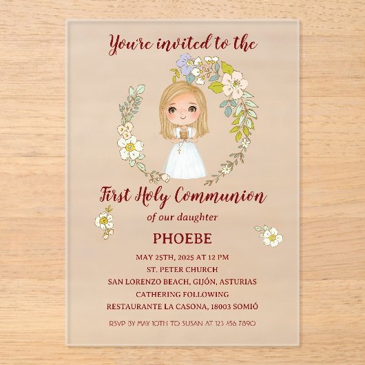 Invitación sobre acrílico PHOEBE Primera Comunión Acryl Uitnodigingen (Voorkant)
