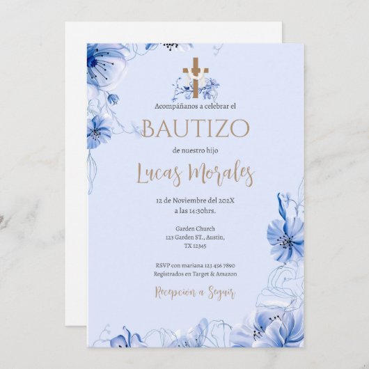 Invitación Spanish Baptism Boy invitation  Kaart (Voorkant / Achterkant)