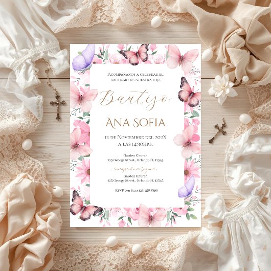 Invitación Spanish Baptism Girl invitation pink Kaart