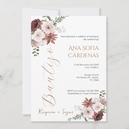 Invitación Spanish Baptism Girl invitation pink Kaart (Voorkant)