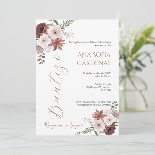 Invitación Spanish Baptism Girl invitation pink Kaart (Staand voorkant)