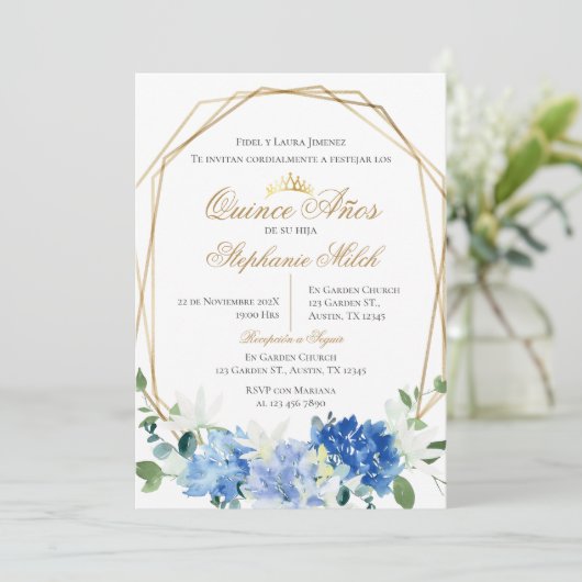 Invitación Spanish Quinceanera Blue floral invit Kaart (Staand voorkant)