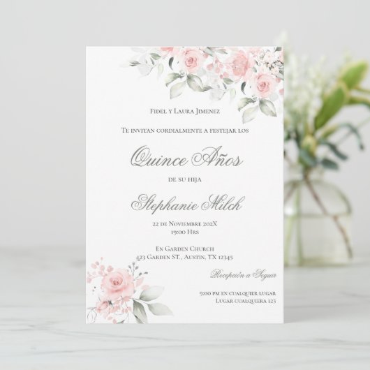 Invitación Spanish Quinceanera pink floral invite Kaart (Staand voorkant)