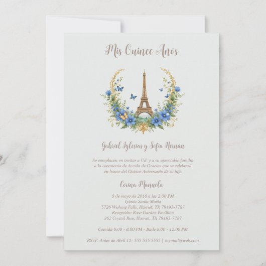 Invitación Spanish Quinceañera Romantic Eiffel Tow Kaart (Voorkant)