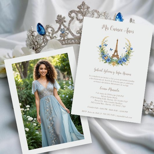Invitación Spanish Quinceañera Romantic Eiffel Tow Kaart