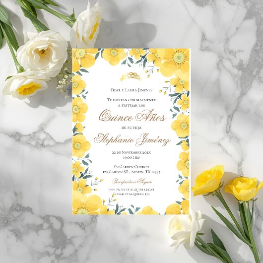 Invitación Spanish Quinceanera yellow floral invit Kaart