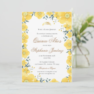 Invitación Spanish Quinceanera yellow floral invit Kaart