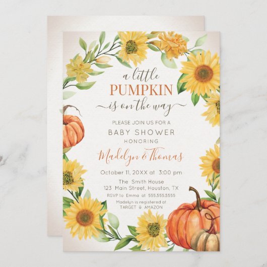 Invitación Sunflower & Pumpkins herfst Baby shower Kaart (Voorkant / Achterkant)