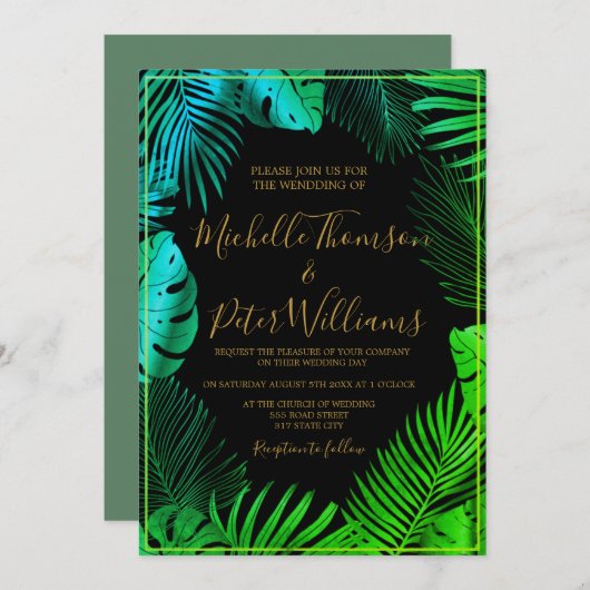 Invitación tropical gold watercolor wedding kaart (Voorkant / Achterkant)