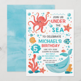 Invitación Under the Sea blue and coral birthday i Kaart