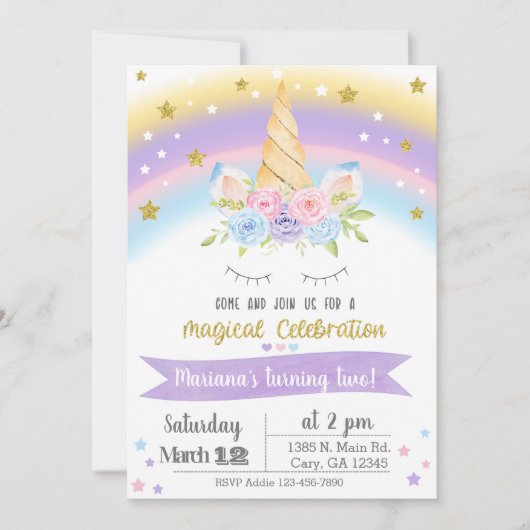 Invitación Unicorn birthday invitation, girl invit Kaart (Voorkant)