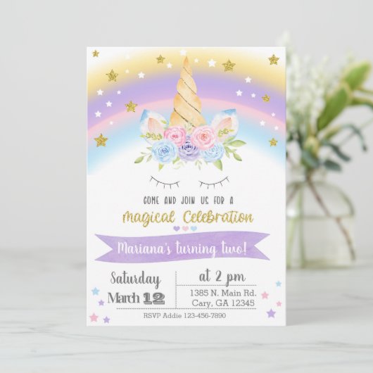 Invitación Unicorn birthday invitation, girl invit Kaart (Staand voorkant)