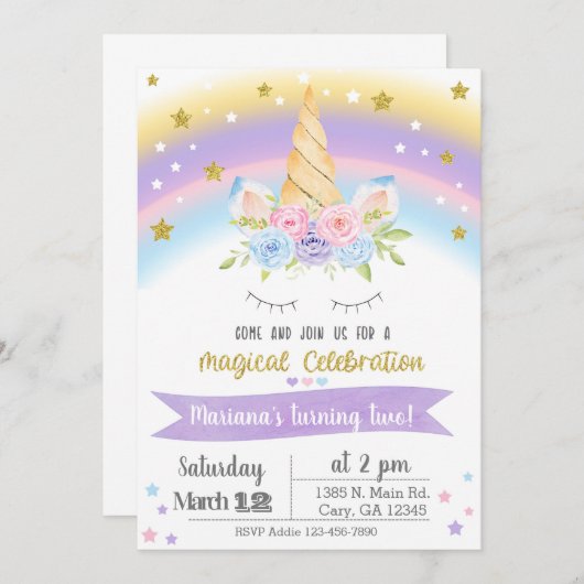 Invitación Unicorn birthday invitation, girl invit Kaart (Voorkant / Achterkant)