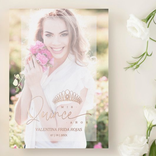 Invitación XV Princess Crown Elegant Overlay Vellu Folie Uitnodiging