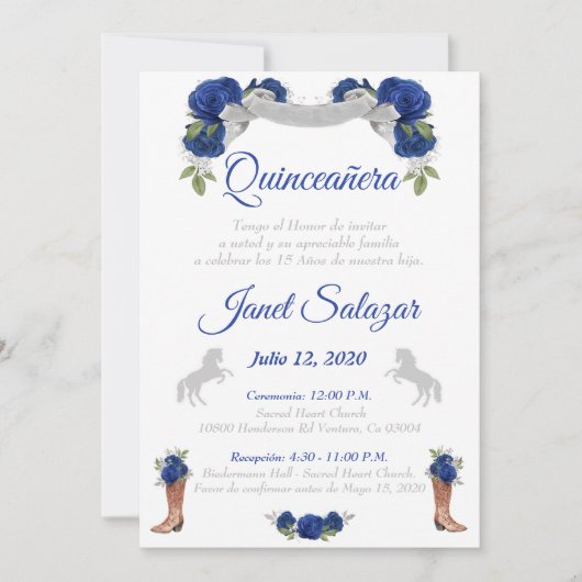 Invitaciones charro Quinceañera Charra Blue Silver Kaart (Voorkant)