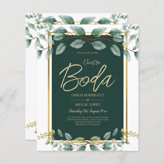 Invitaciones de Boda Bilingües Verde Esmeralda (Voorkant / Achterkant)