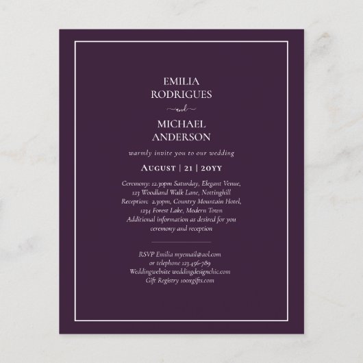 Invitaciones de Boda Economicas Bilingue Ciruela Flyer (Achterkant)