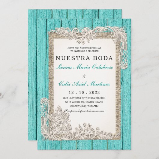 Invitaciones de Boda Rústicas Turquesa Kaart (Voorkant / Achterkant)