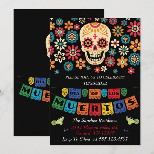 invitaciones dia de los muertos, helloween invite (Voorkant / Achterkant)