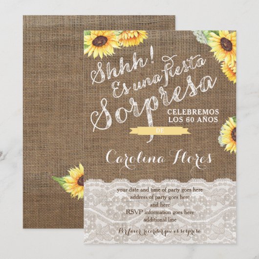 Invitaciones para fiesta sorpresa con girasol kaart (Voorkant / Achterkant)