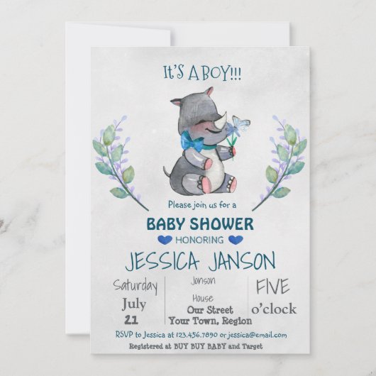 INVITATIE BABY SHOWER KUT RHINO BOY KAART (Voorkant)