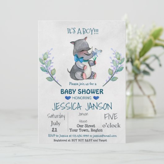 INVITATIE BABY SHOWER KUT RHINO BOY KAART (Staand voorkant)