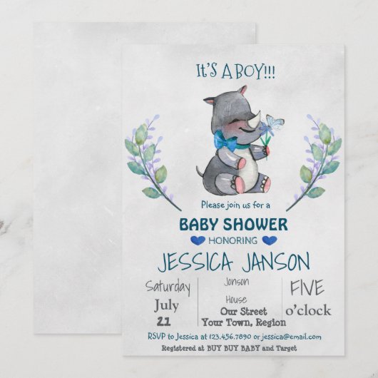 INVITATIE BABY SHOWER KUT RHINO BOY KAART