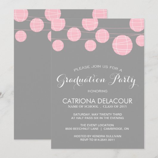 INVITATIE PINK AND GRAY LANTERNS GRADUATION ARTIJ KAART (Voorkant / Achterkant)