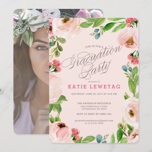 INVITATIE PINK FLORAL GRADUATION ARTIJ KAART (Voorkant / Achterkant)