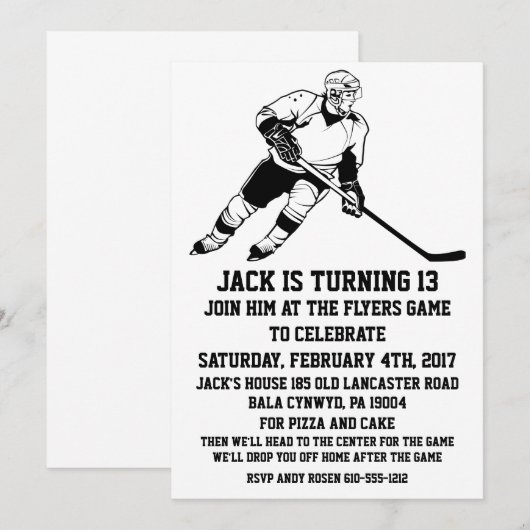 INVITATIE VAN HOCKEY BIRTHDAY-PARTIJ KAART (Voorkant / Achterkant)