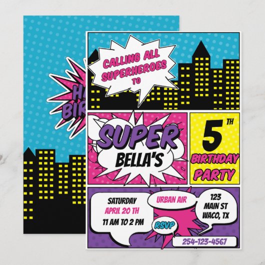 INVITATIE VAN MEERDERE SUPERHEROES BIRTHDAY PARTIJ KAART (Voorkant / Achterkant)