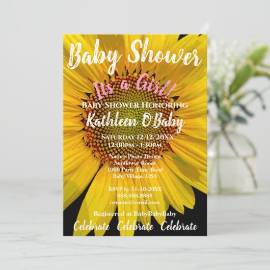 INVITATIE VOOR ZONNLOWER FOTO BABY GIRL SHOWER KAART (Staand voorkant)