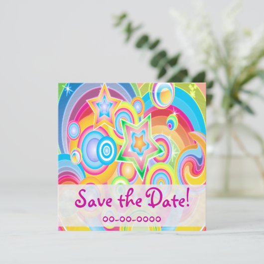 Invitaties kleurrijke Retro Star-voeding Save The Date (Staand voorkant)