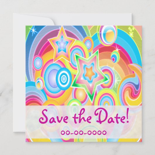 Invitaties kleurrijke Retro Star-voeding Save The Date (Voorkant)