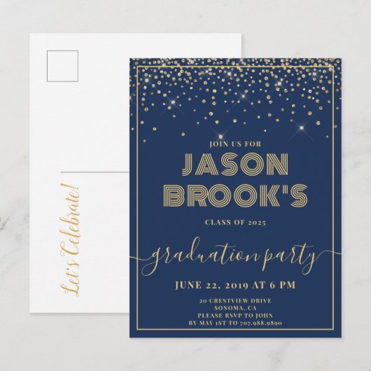 Invitaties voor de marinesblauwe goudwinning aankondigingskaart (Voorkant / Achterkant)